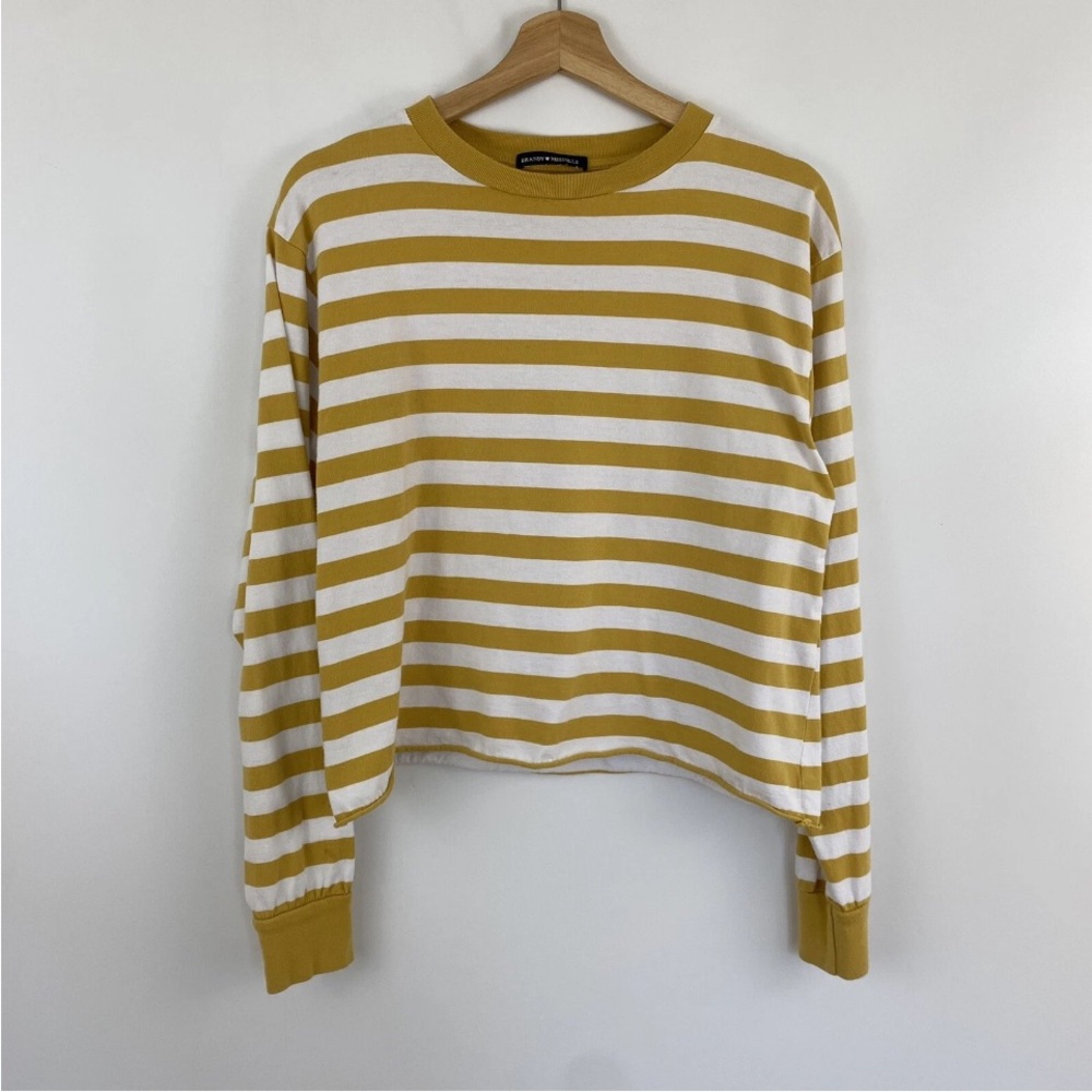 Brandy Melville Yellow and White Striped Long Sleeve Jersey Crew Neck Top Sz S